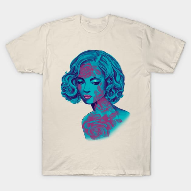 Retro Rose Girl in blue T-Shirt by Huldra Tattoo